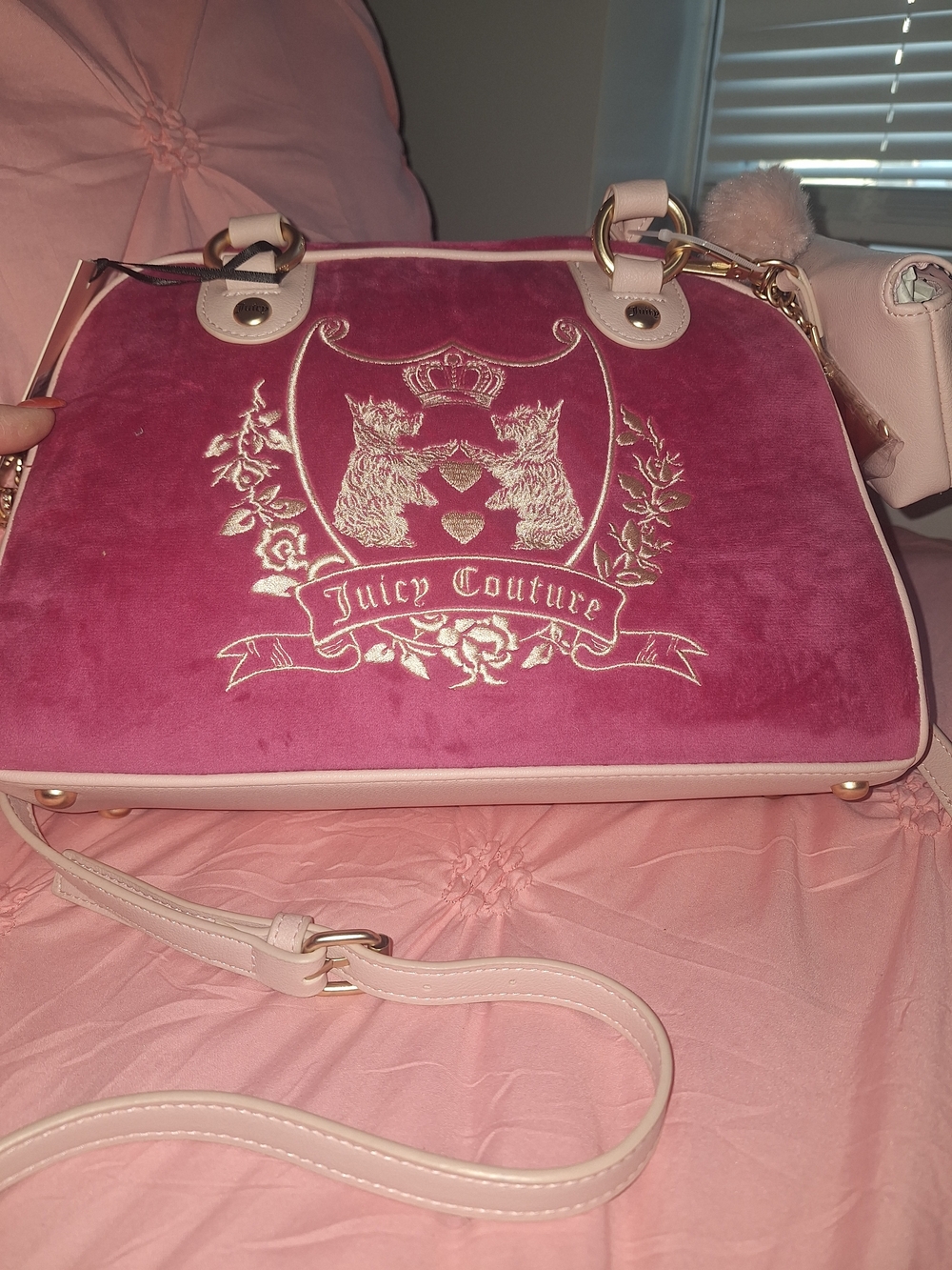 EXCLUSIVE Y2K Juicy Couture Pink Velvet Logo Crossbody Bag - Picture 6 of 10
